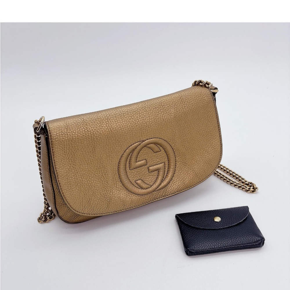 Authentic Gucci Metallic Gold Soho Chain Flap Bag Shoulder Crossbody - Picture 5 of 16